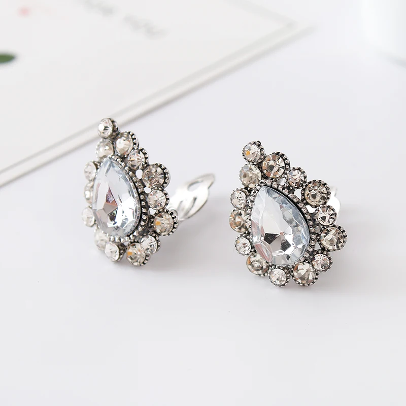 

Fashion Retro Drop Ear Clip Crystal Glass Ancient Silver Clip Earrings Jewelry Pierced Earrings