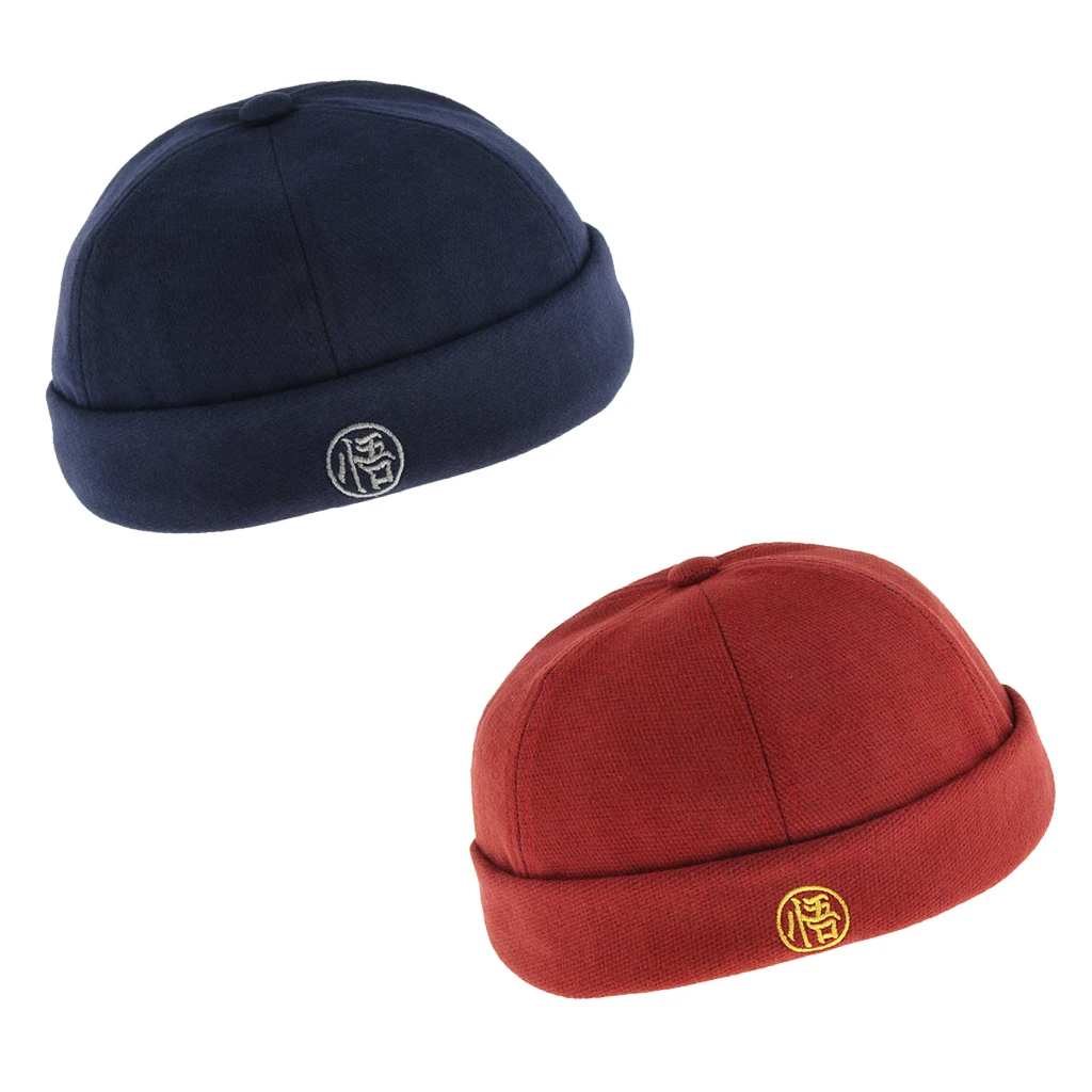 2 Pieces Mens Retro Docker Hat Wool Felt Brimless Beanie Cap Adjustable Navy Blue Red