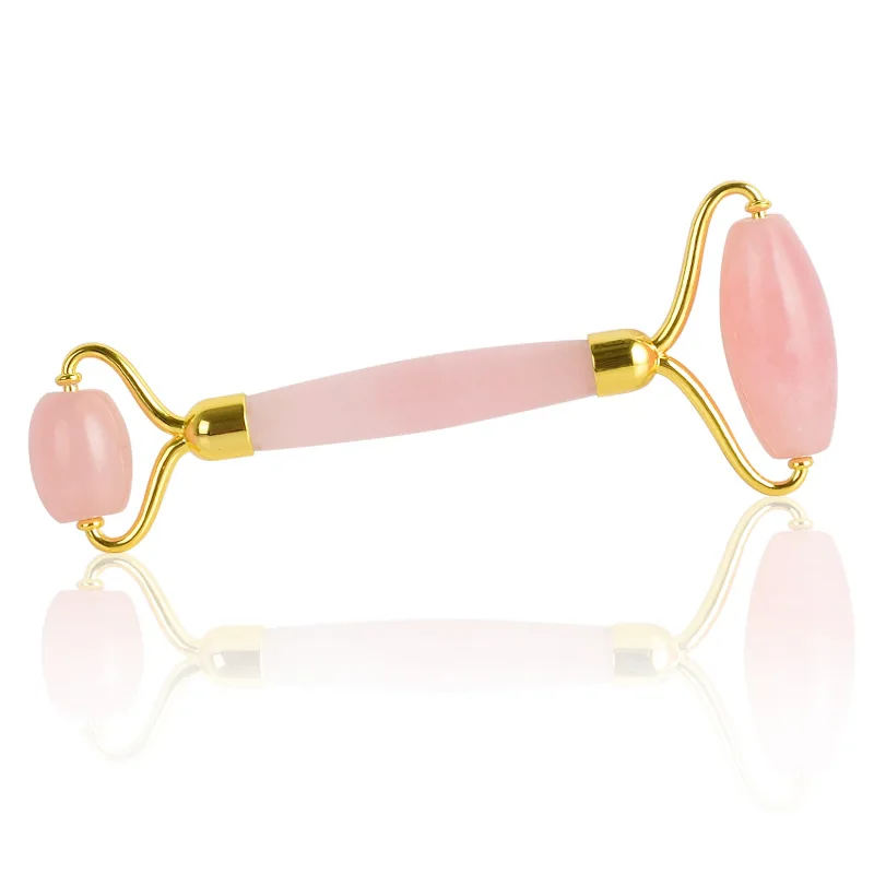 Розовый массажный ролик с двойной головкой натуральный розовый кристалл Кварцевый Нефритовый камень антицеллюлитный морщин для лица приспособление для здоровья и красоты - Цвет: gold