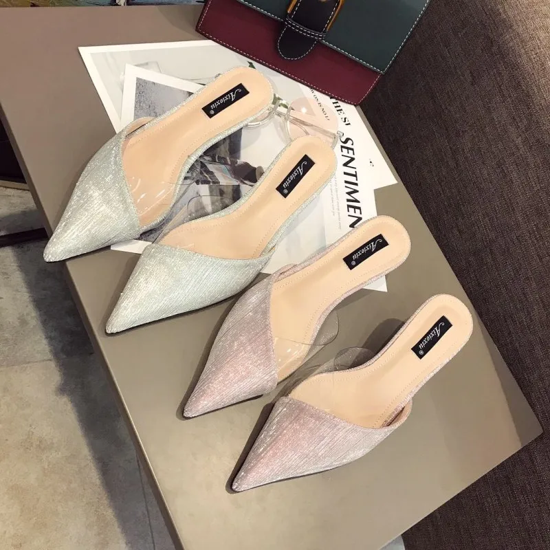 

Thin Heels Med Woman Shoes Luxury Slippers Women Summer Multicolored Sandals Slides Pointed Toe Designer Sliders 2019 Fashion