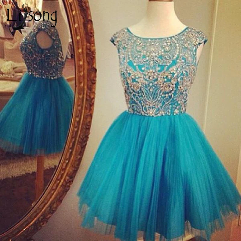 

New Teal Crystal Beaded Graduation Party Dresses Short Cocktail Dresses Zipper Formal Prom Gown Robe De Cocktail Open Back