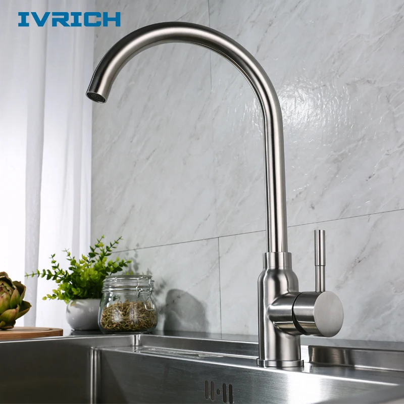 IVRICH SUS304 Stainless Steel Kitchen Faucet  Gooseneck Style Wide Spread Watering Water-Saving Soft Bubble Generator VR402