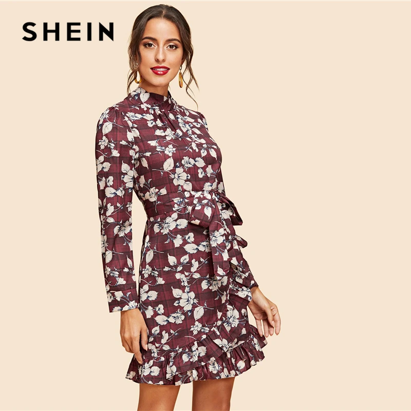 

SHEIN Multicolor Weekend Casual Ruffle Hem Flower Print Belted Dress Elegant Short Dresses Women Autumn Mini Dress