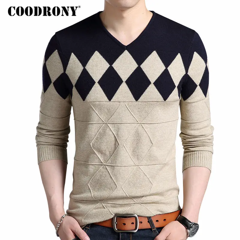 COODRONY الكشمير رداء علوي من الصوف الرجال 2019 الخريف الشتاء يتأهل البلوفرات الرجال أرجايل نمط الخامس الرقبة سحب أوم عيد الميلاد البلوزات