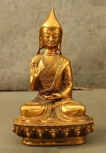 

S5316 8" Tibet Tantra Bronze Gilt Je Tsongkhapa Tsong-Kha-Pa Buddha Statue Sculpture