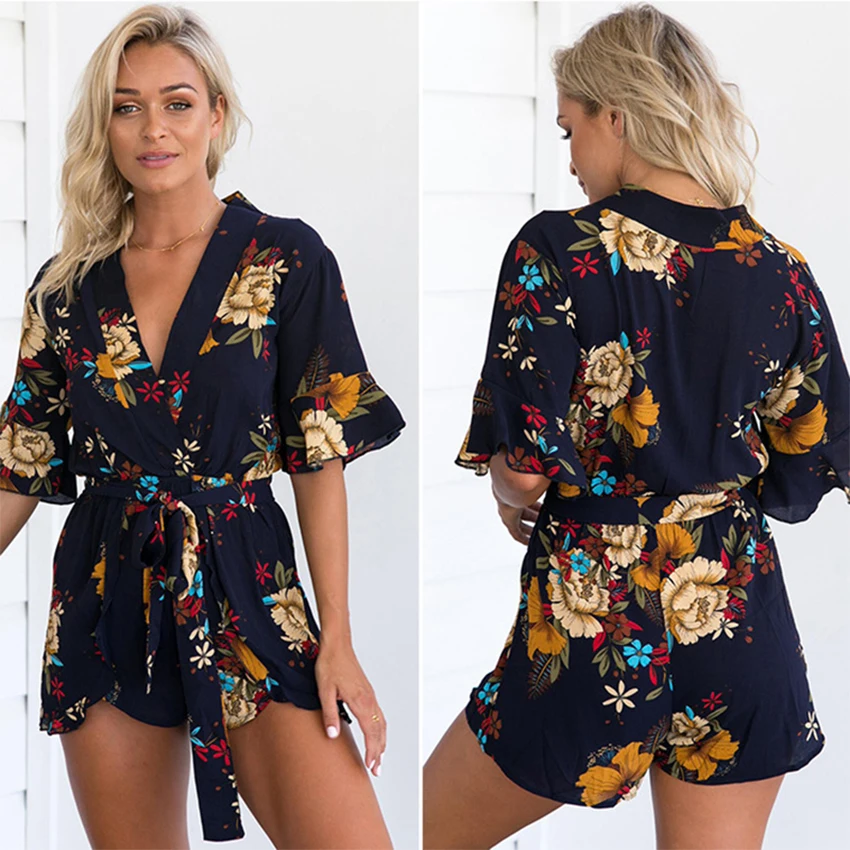 Casual Mini Jumpsuits Women Summer Sexy V-Neck Print Ruffled Slim Lacing Female Playsuits Loose Breathable Soft Chiffon Jumpsuit Casual Mini Jumpsuits Women Summer Sexy V-Neck Print Ruffled Slim Lacing Female Playsuits Loose Breathable Soft Chiffon Jumpsuit