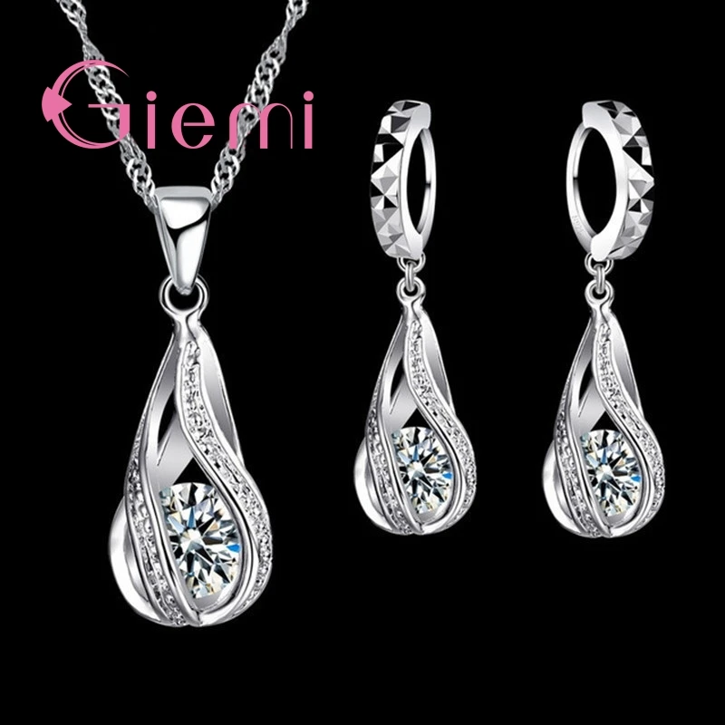 

2019 100% S90 Filled New Water Drop Cubic Zircon Pendant Necklace&Earrings For Women Ladies Jewelry Sets Wedding