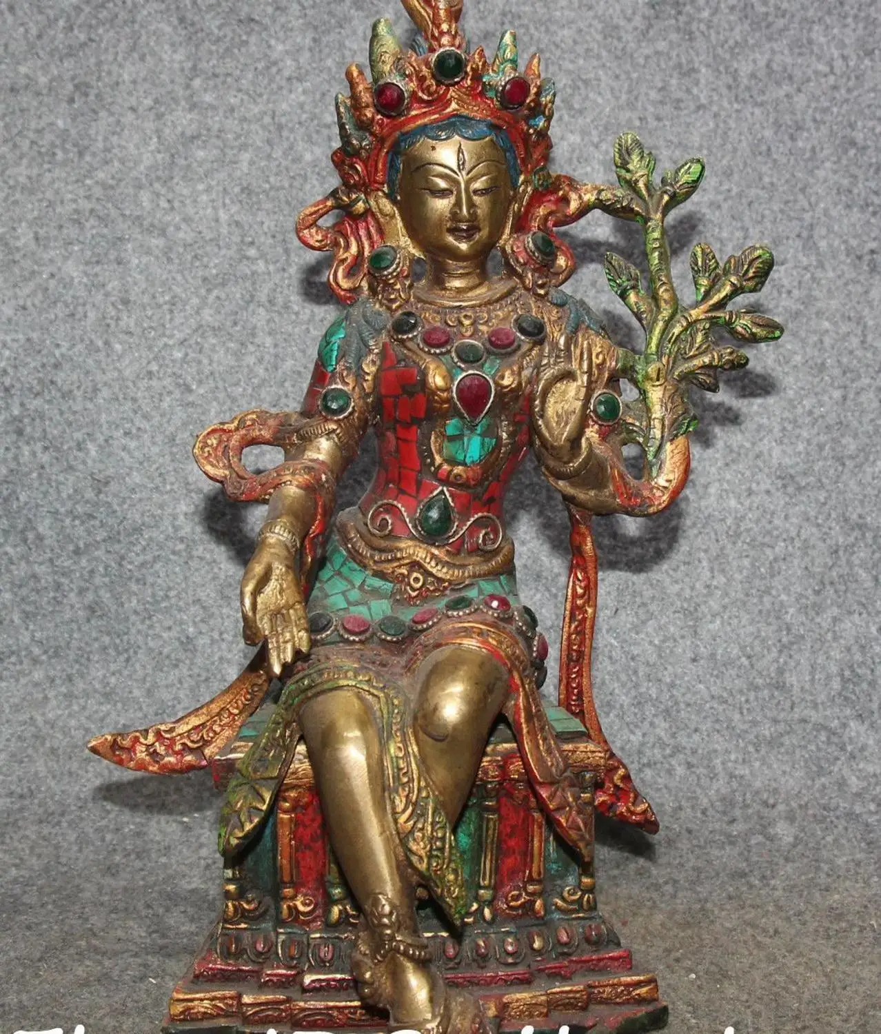 

11" Old Tibet Turquoise Coral Bronze Maitreya Bodhisattva Goddess Buddha Statue
