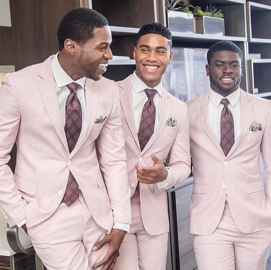 2019 New Dusty Pink Wedding Tuxedos Slim Fit Groom Suits Custom Made Groomsmen Prom Party Suits (Jacket+Pants) Two Button Black Couple Day