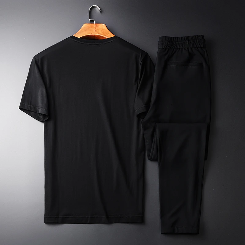 Minglu летние мужские комплекты(футболки+ брюки) высокая плотность вышитые с коротким рукавом мужские комплекты размера плюс 3XL 4XL мужские комплекты с брюками