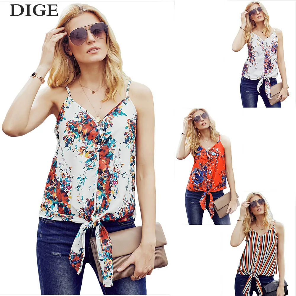 

2019 FashionTop Self Tie Back V Neck Print Floral Cropped Feminino Women Summer Sleeveless Ladies Sexy Vest Tops Tee B0451