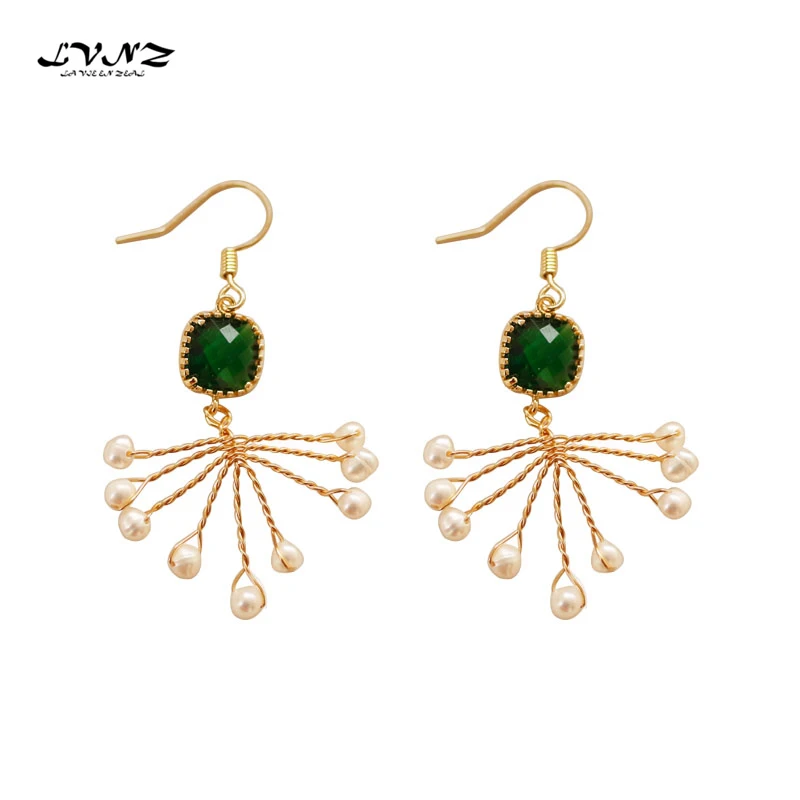

LVNZ 2019 New Hot Fashion Green Stone Metal Wire Vein Freshwater Pearl Long Drop Earrings Ethnic Retro For Woman Jewelry 7071a