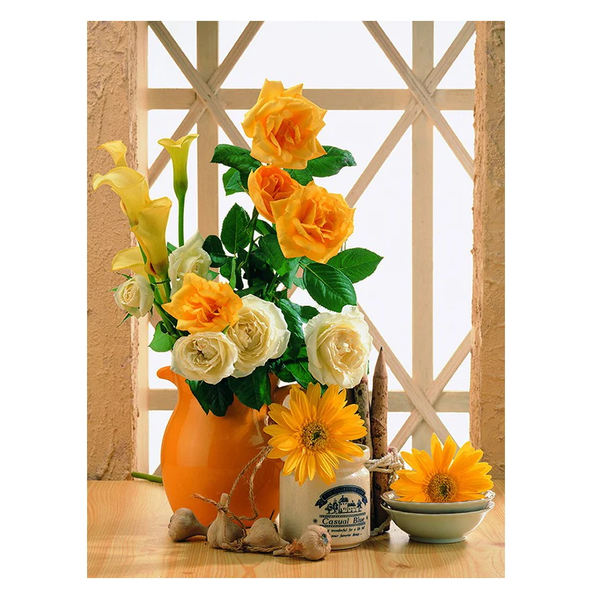 

RIHE Flower Vase Painting By Numbers Yellow Rose Oil Painting On Canvas Hand Painted Cuadros Decoracion Acrylic Paint Wall Art
