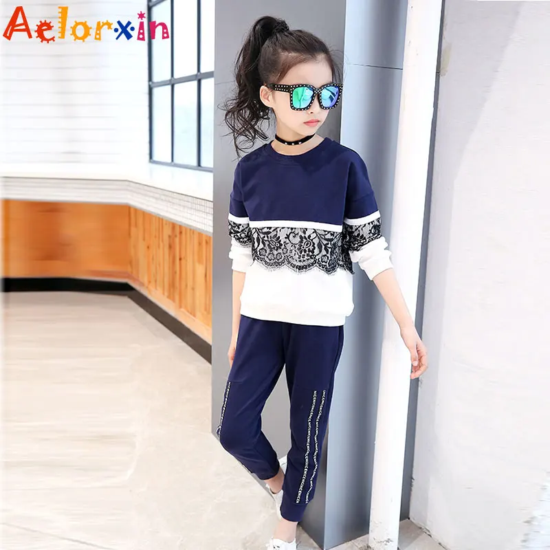 

2017 Autumn Tracksuit for Girls Lace Stitching Children's Set Children's School Clothing Sweatshirts+Sweatpants Girls Clothes