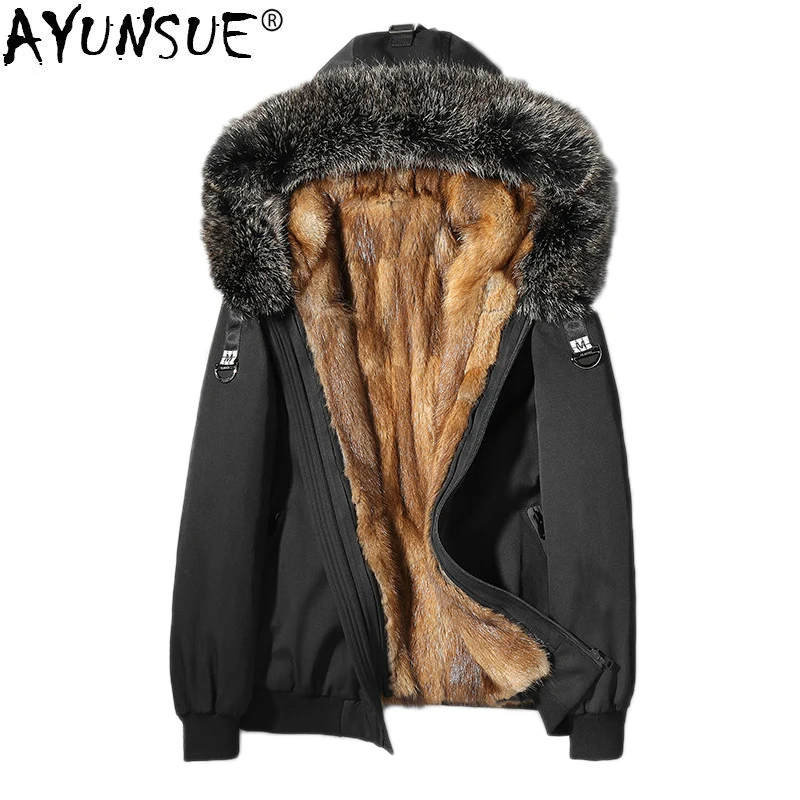

AYUNSUE Mens Mink Coat Parka Real Fur Men Winter Jacket Raccoon Fur Collar Short Coats 2019 Luxury Parkas L18-6603 KJ1308