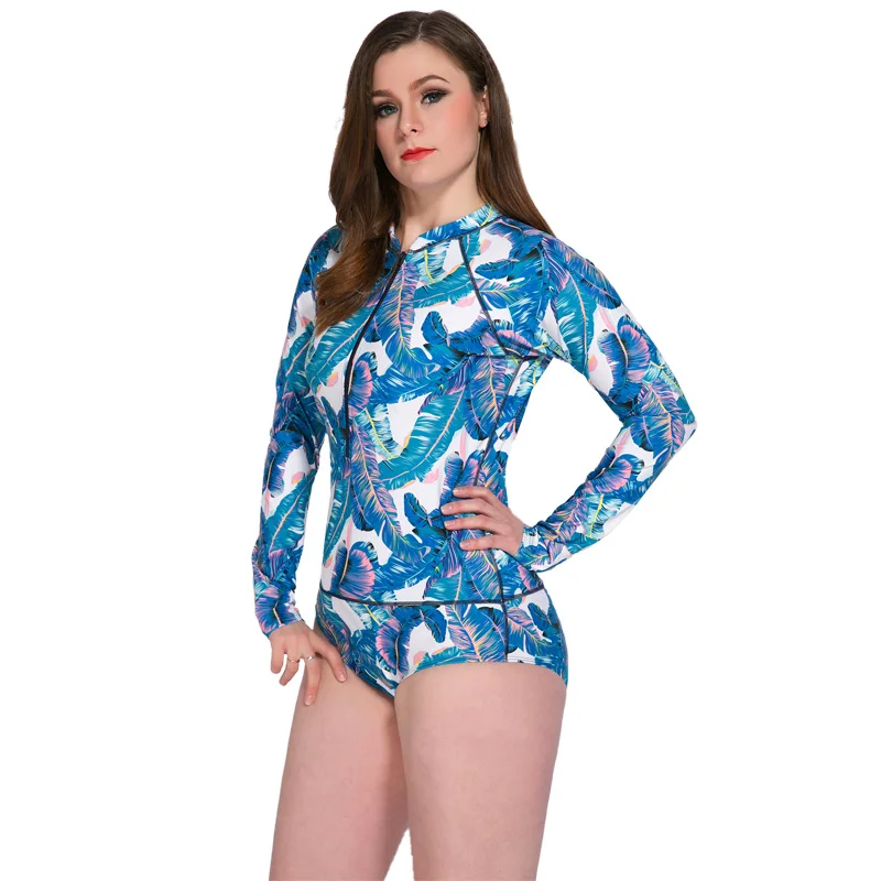 

Plus Size Swimwear Women One Piece Zipper Long Sleeve Bodysuit Print Swimsuit Big Chest Surfing Rashguard Ladies Swimming Suit