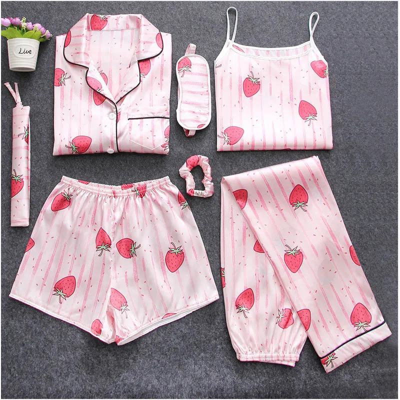 

7 piece of pajamas for women print plus size pajamas set home suit and sleepwear clothing female satin silk home service