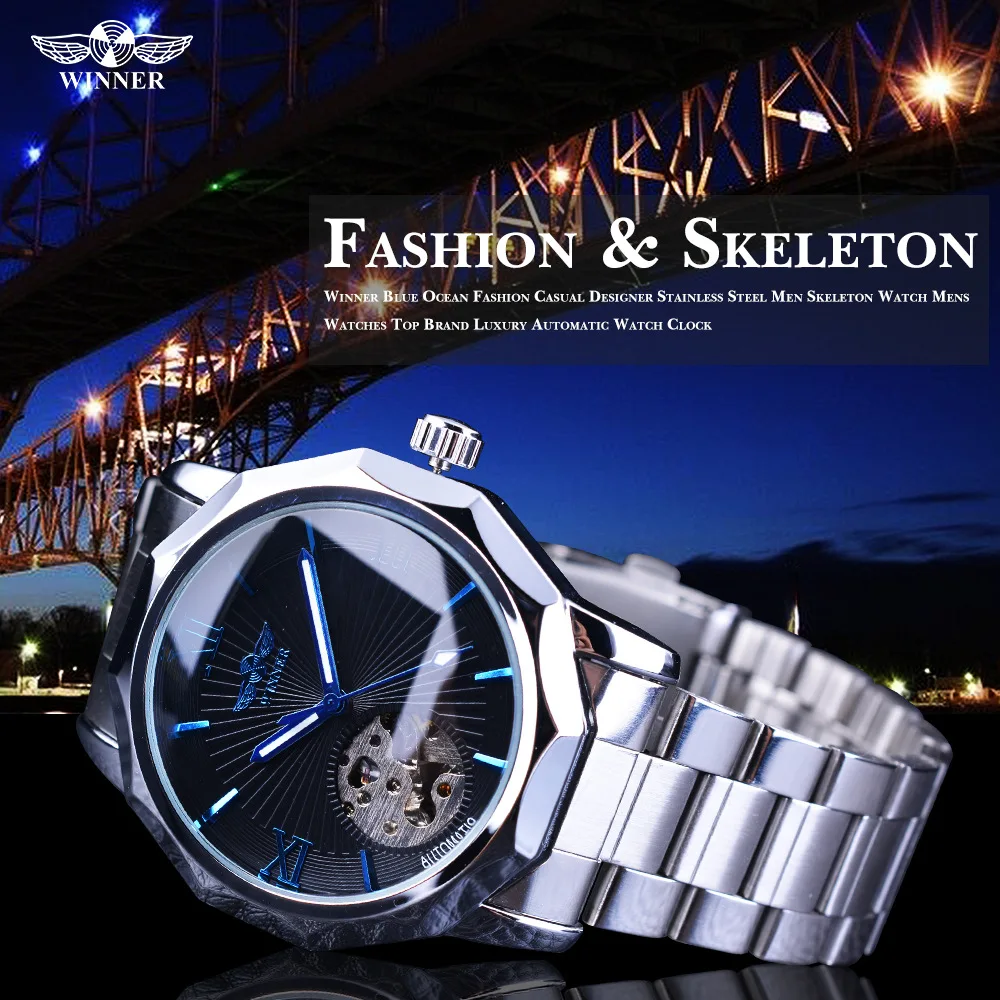 Winner Brand Automatic Skeleton Man Clock Top Fashion Silver Business Full Stainless Steel Relojes Hombre Mechanical Watch