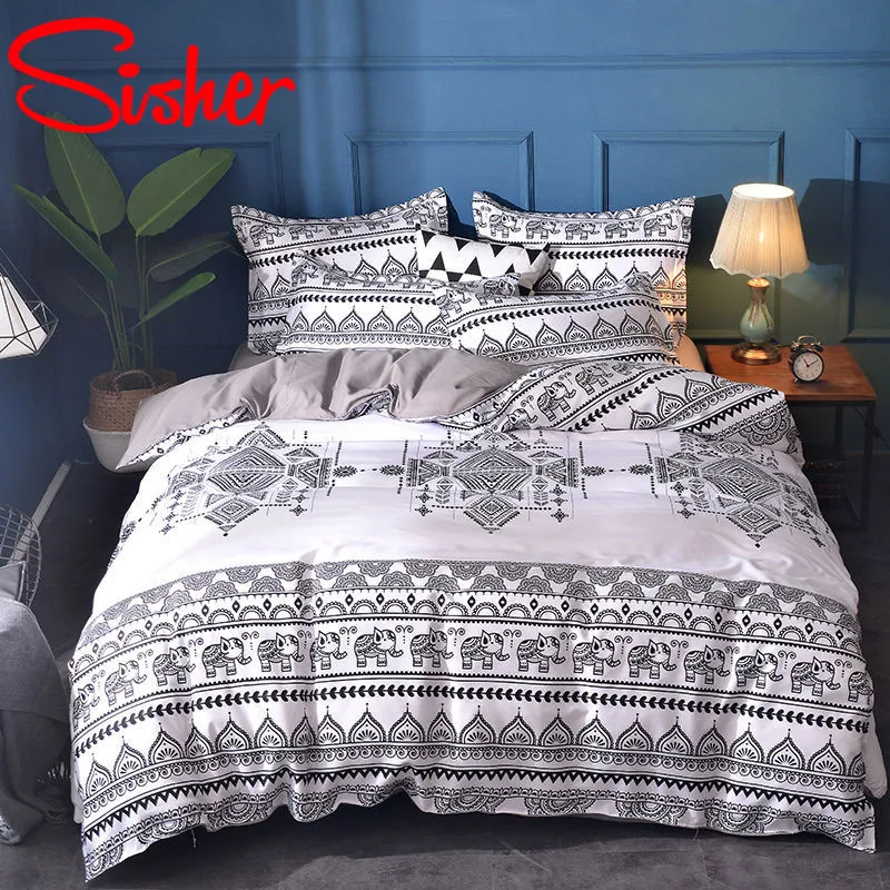 Sisher Geometric Printing Quilt Cover sets Queen Size Bedding set Single Double Queen King Duvet Covers Simple Bedclothes Linen - Цвет: White Grey