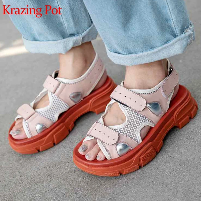 

genuine leather 2019 air mesh peep toe thick bottom med heels hook loop elegant gladiator design streetwear leisure sandals L19