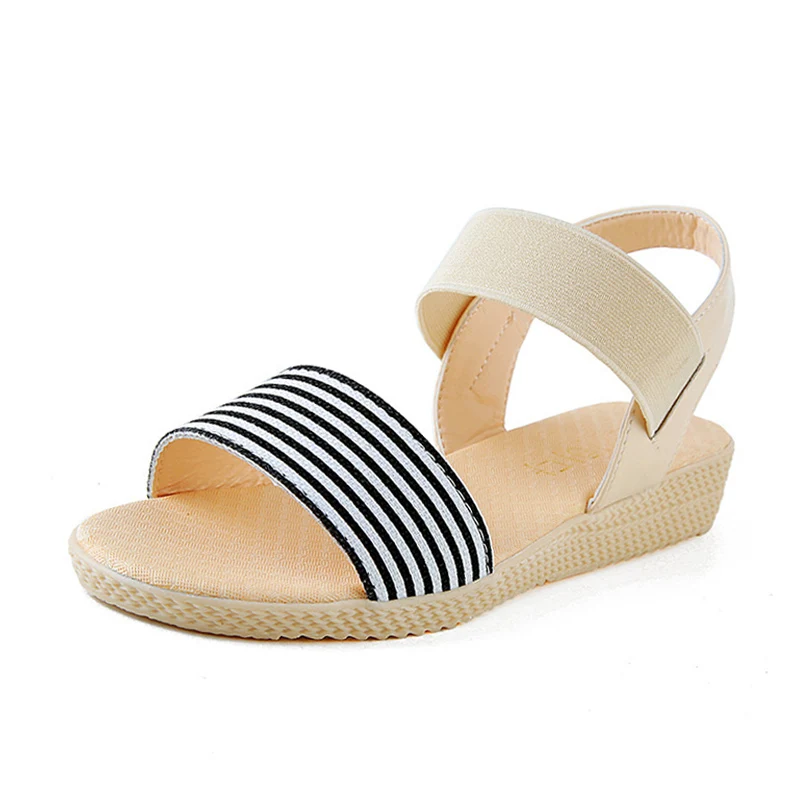 

2018 Summer Sandal Shoes Open Toe Sandals Flats Rome Sandals Stripe New Fashion Sandals High Quality PU Wedges Shoes woman