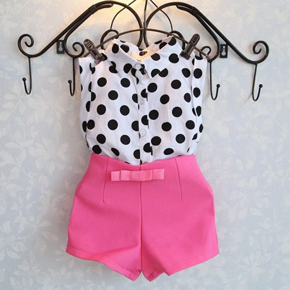 

toddler girl clothes Girl Child Kid Polka Dot T-shirt Tops + Pink Bowknot Pants Shorts 1Set roupas infantis menina7.405gg