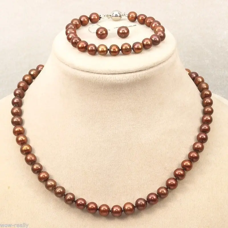 

Wholesale price 16new ^^^^Genuine Natural 8-9mm Akoya Brown Pearl Necklace Bracelet Earring Jewelry Set