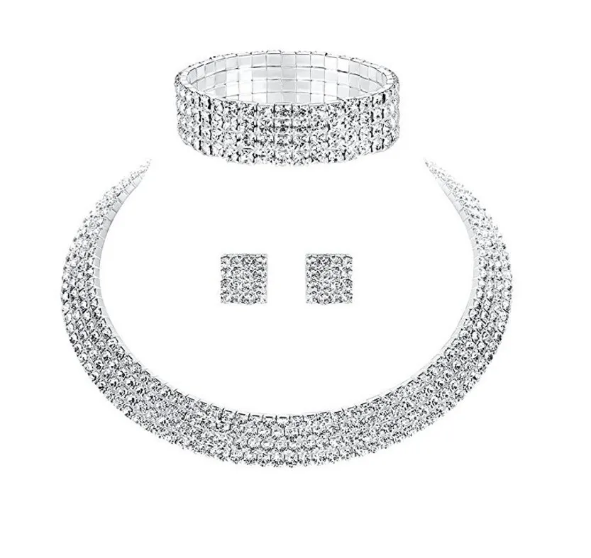 Círculo de Cristal Da Dama de Honra Nupcial Conjuntos de Jóias De Cor Prata de Strass Casamento Colar Brincos Pulseira Conjuntos para As Mulheres (3)
