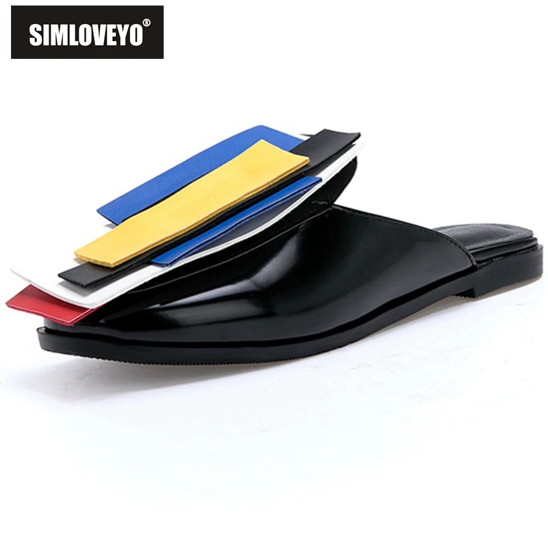 

SIMLOVEYO Women's slipper Round toe Color stripe Black Slip on Summer Plus size 32-43 Female Casual Party Flat with Rubber B1219