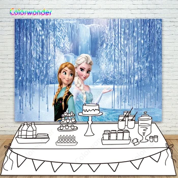 

Elsa and Anna Princess Photography Backdrop Happy Birthday for Girls Party Customize Photo Background Wonderland Frozen Backdrop