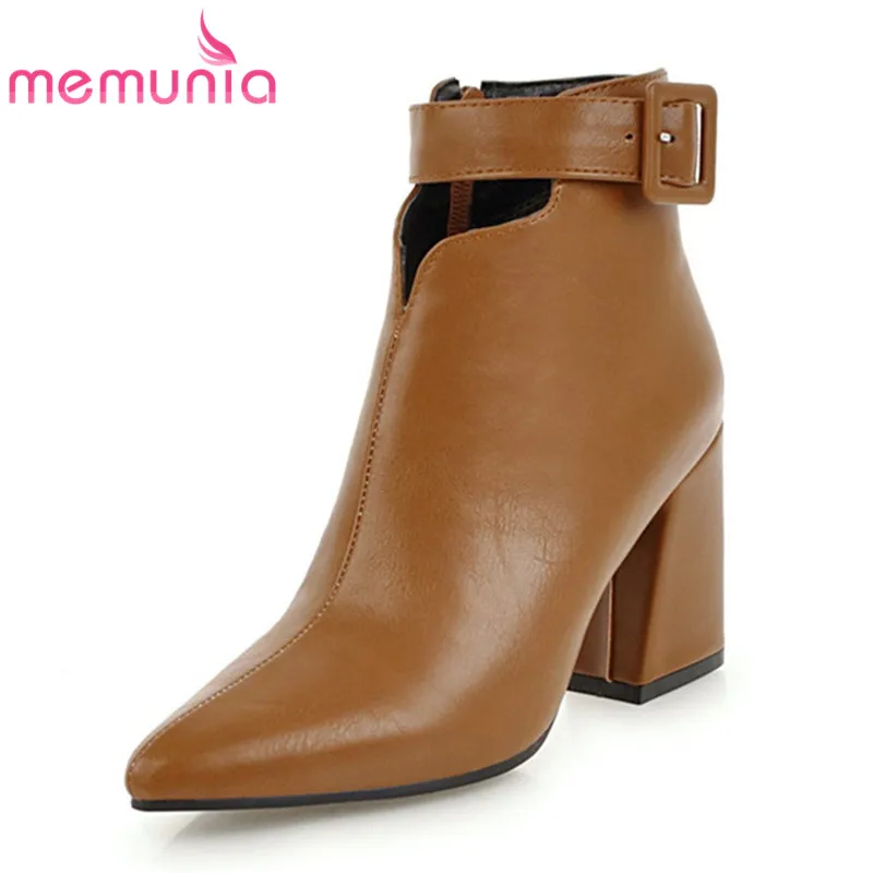 

MEMUNIA 2018 new arrival ankle boots pointed toe with buckle pu leather boots solid winter thick high heels boots big size 34-43