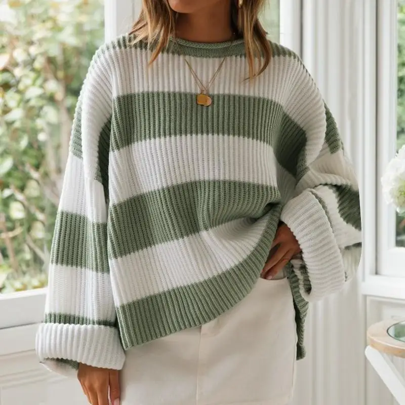 

Turmeric Elegant Striped knitted loose pullover sweater women 2019 Autumn winter round neck thick Chic wide sleeve female jumper