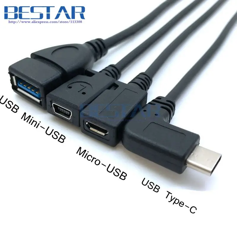 Cheap 100pieces/lot USB 3.1 Type-c Male Right Angle to USB Mini-USB Micro-USB Female Convert adapter Cable 25cm Mini Micro USB Cables 2