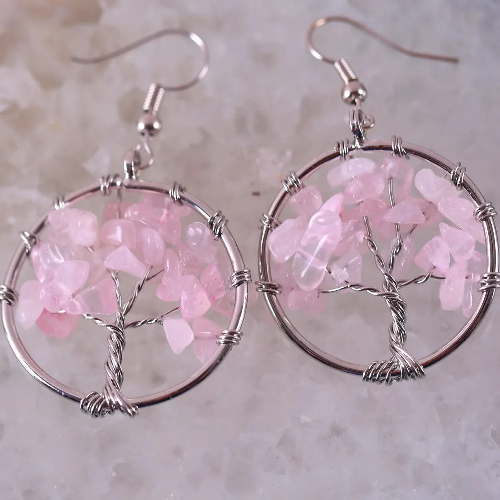 

Tree of life - Natural Stone Irregular Chip Beads Pink Crystal Zinc Alloy Wire Wrap Round Earrings 1Pair U377