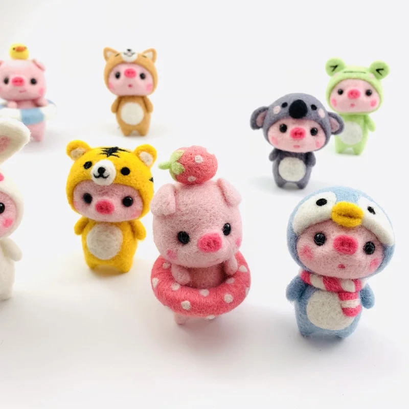 Non-Finished Felt Kids Creative Lovely Pink Pig Handmade Toy Doll Wool Felt Poked Kitting Non-Finished DIY Wool Felting Package