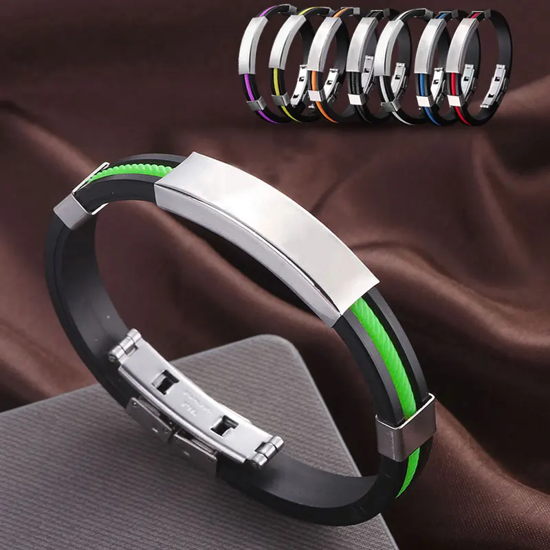 

Fashion Men Women Bangle Bracelets Cool Stainless Steel Rubber Wristband Clasp Cuff Bracelet M627