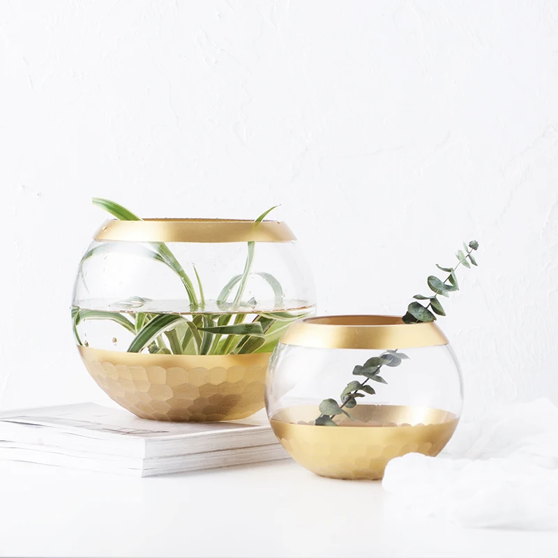 Gold Glass Vase Round Big Belly Vase Gold Plated High Quality Vase