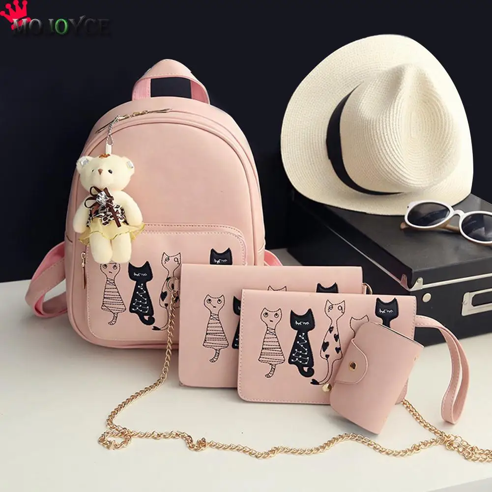 

4pcs/Set Backpack Women Cat Printing PU Leather Backpacks Students School Bags for Teenage Girls Mochila Feminina Sac a Dos Mini
