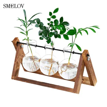 

Creative Aquatic Plants Glass Bottle Vase Vintage Wooden Frame Bonsai Plants Vase Wedding Tabletop Decor Hydroponics Bottle