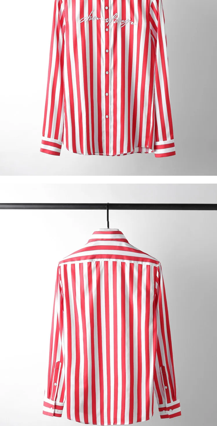 Мода письма вышивка хлопок шелковая рубашка для мужчин в широкую полоску дизайн с длинным рукавом Тонкий мужской одежда Camisas 2019