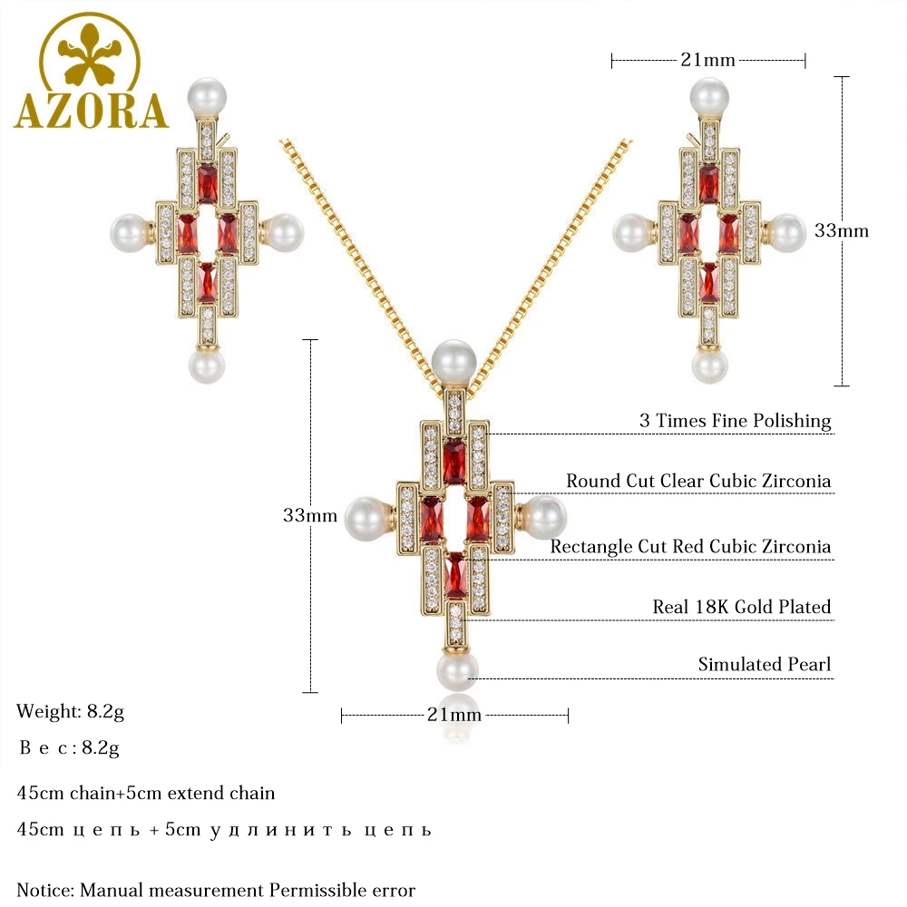 AZORA роскошный женский свадебный жемчужный крест ожерелье серьги свадебный ювелирный набор Прямоугольник Красный кубический цирконий Подарок на годовщину TG0276