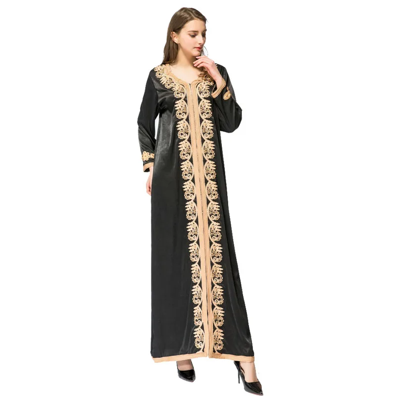 Women Linen Embroidery Beads Long Sleeve Muslim Maxi Islamic Dress...