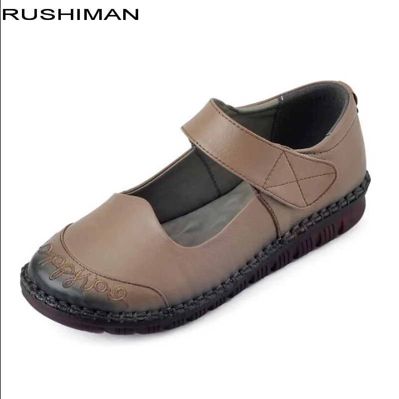 

RUSHIMAN Handmade Women Shoes 2018 Autumn Genuine leather Comfortable Round toe Solid Casual shoes Flats Loafer