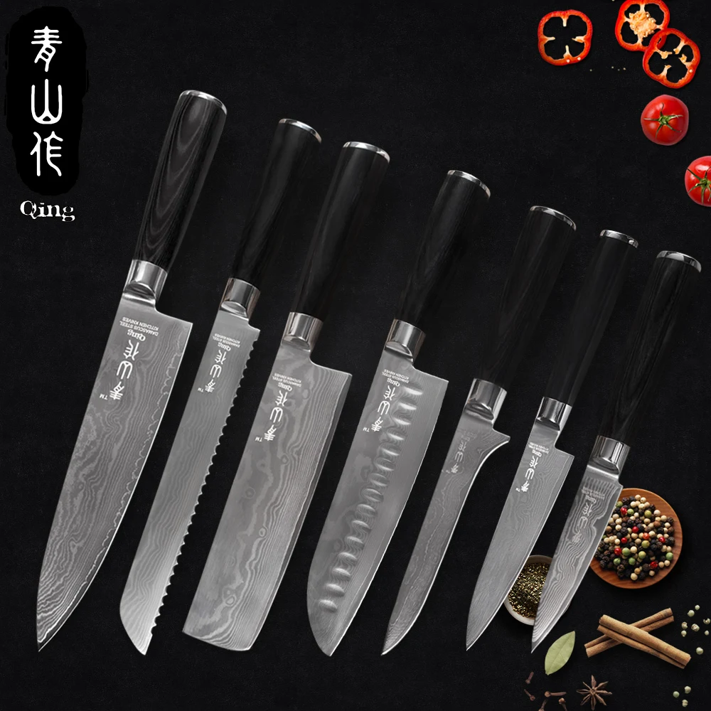 

QING Japanese Damascus Knives Set Traditional Forged Processing Kitchen Knives Straight Black Color Wood Handle Kitchen Tools