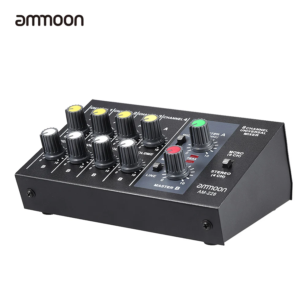 Ammoon AM-228 ультра-компактный низкий уровень шума 8 каналов Металл моно стерео аудио звуковой Миксер с кабелем адаптера питания