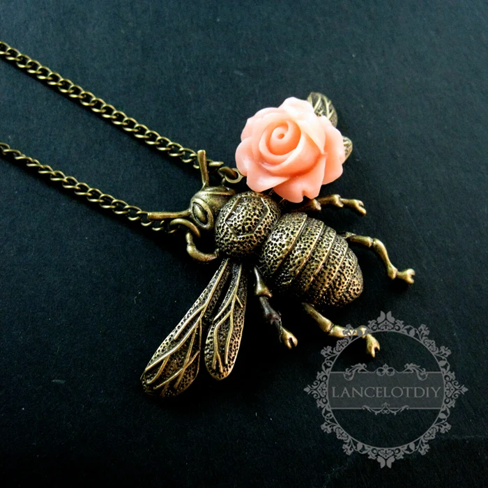 

55x30mm vinatge style beetle bug pink rose antiqued bronze pendant charm long sweater necklace chain 6350421