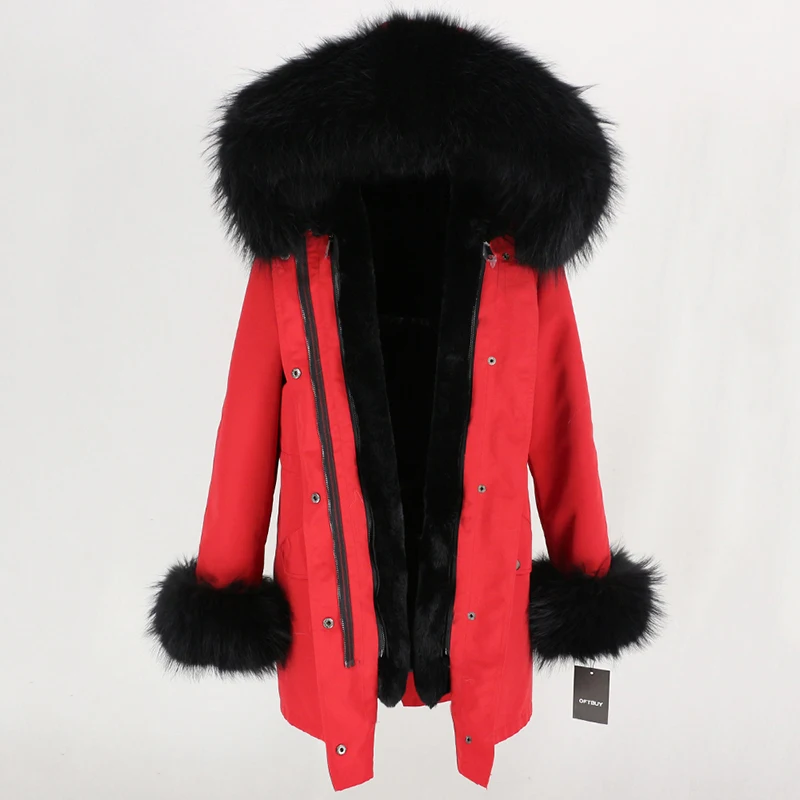 OFTBUY, водонепроницаемая длинная парка, пальто с настоящим мехом, зимняя куртка для женщин, воротник из натурального меха енота, манжеты, мех, Толстая теплая уличная одежда - Цвет: red black