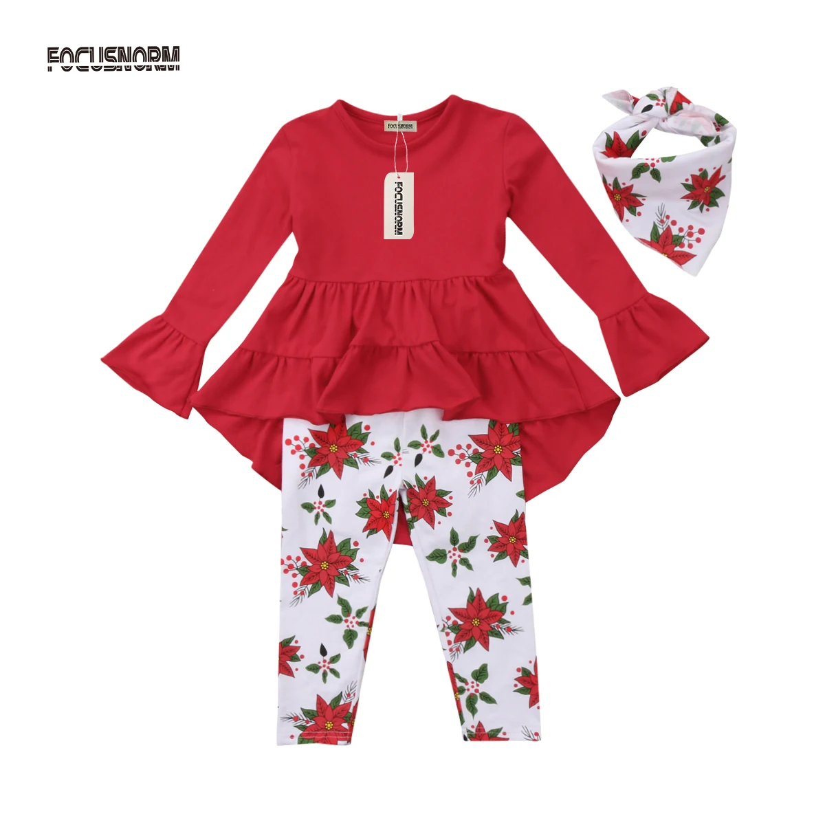 

Cool Spring Autumn Baby kids Girl Outfit set solid color Long flare Sleeve Dress Long floral legging Pants clothes suit 2018