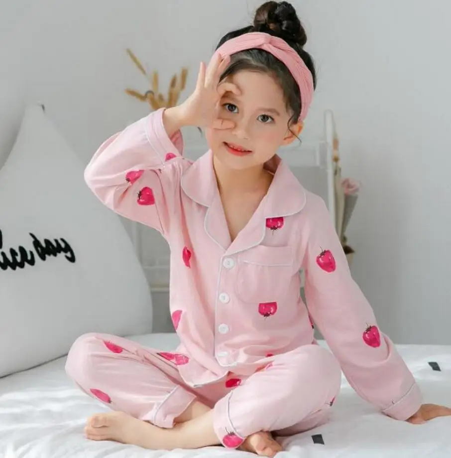 

Pink Strawberry Autumn Sleepwear Children's Pajamas Long Sleeve Cartoon Kids Girl Clothes Suit Lovely Pyjamas Boy Home Clothes P