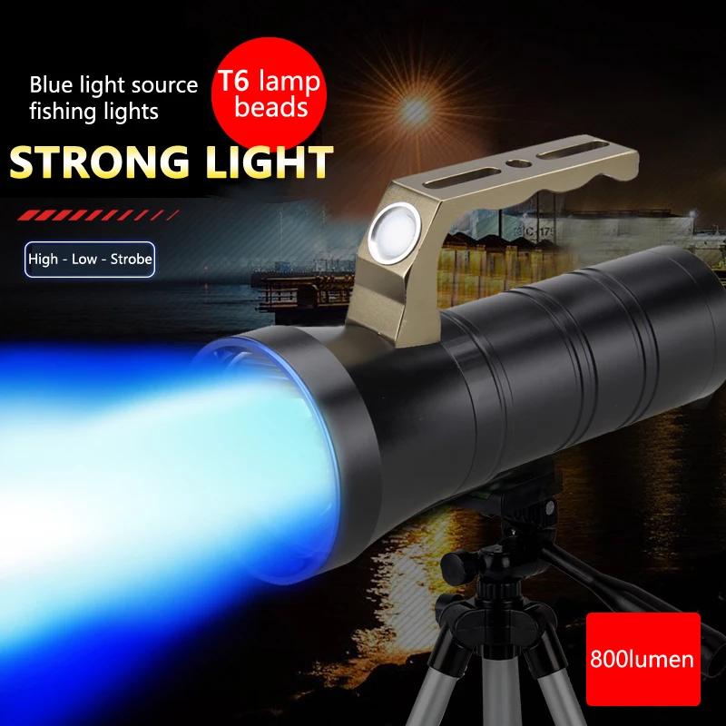 

Professional LED Fishing Flashlight 4 Mode Rechargeable waterproof 10W T6 Blue Light LED Outdoor Flashlight